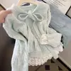 2026 Suéter Patchwork Azul Dulce con Lazo Otoño Invierno Top de Punto Holgado Adelgazante Ropa de Punto Suave