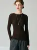Suéter ajustado de cuello redondo 100% lana para mujer, nueva camiseta base de punto de manga larga para otoño e invierno, color liso, suéter simple y versátil