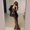 Vestido strapless de leopardo con espalda descubierta y amarre para mujer, verano puro y seductor, versátil vestido adelgazante con abertura y falda larga