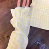 Estilo Nuevo Primavera y Otoño Conjunto de Dos Piezas de Pijama de Cuadros Amarillos para Niñas Cárdigan Cuello de Muñeca Doble Longitud Ropa de Casa Suelta Casual
