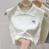 Colete Tricot Gola Polo para Mulheres, Peça de Sobrepor de Verão, Roupa de Baixo, Regata sem Mangas, Top Curto Bordado, Branco
