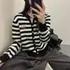 Cardigã de Malha Listrado Bordado para Mulheres 2025 Primavera e Outono Nova Moda Solto Jaqueta Suéter Outer Estilo Chanel Top