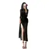 2026 Venta al por mayor transfronteriza Vestido negro de malla de manga larga estilo socialité francesa, Elegante vestido de noche para mujer madura