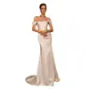 Vestido de Novia Ligero de Satén Estilo Francés Vestido de Noche para Mujer, Blanco Hombros Descubiertos Ajustado Sirena Vestido para Anfitrión de Reunión Anual con Cola Pequeña