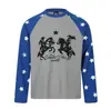 2026 Universo Independiente Retro Americano Estrella Montar a Caballo Manga Larga Raglán Bloque de Color Corte Holgado Versátil Casual Camiseta
