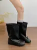 Botas retro de media pantorrilla con suela plana, botas de cuero con lazo adelgazante, estilo de moda otoño 2026, botines de pantorrilla ancha, botas de tela apiladas para mujer