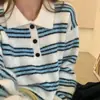Suéter tejido de punto a rayas con cuello de solapa estilo perezoso para mujer, nuevo estilo de otoño e invierno, suéter suelto casual suave y pegajoso, prenda superior para mujer