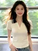 Camiseta de Manga Corta de Punto de Seda Helada con Cuello Polo de Color Contrastante Estilo Coreano para Mujer en Verano, Top de Gama Alta, Único, Hermoso y Rejuvenecedor