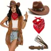 Sombrero Vaquero Occidental Transfronterizo para Mujer Estilo Bohemio Retro Conjunto de Cuerda para Cintura y Pañuelo Cuadrado Accesorios de Cosplay Atrezo