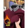 Suéter grosso com forro de fleece para outono e inverno, gola de camisa, camisa base de tricô quente para homens de meia-idade, contém lã de ovelha