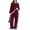 Conjunto esportivo color block mais vendido da Amazon para mulheres: moletom de gola redonda com ombros caídos e calça pantalona de cintura alta com listras laterais, vestuário feminino de comércio exterior