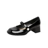 Versión de Piel de Vaca de la Barbie Humana~Zapatos Mary Jane de Punta Redonda con Tira de Perlas y Tacón Grueso para Mujer, Zapatos de Cuero de Primavera
