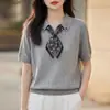 Camiseta de Punto Jacquard Azul de Manga Corta para Mujer con Cuello Polo de Hilo Fino, Suéter Holgado de Manga Media, Prenda Base para Primavera y Verano
