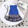 2026 Nuevo Comercio Exterior Producto Transfronterizo Estilo Coreano Chaleco de Punto para Niñas Top de Color Sólido con Cuello Falda Plisada a Cuadros Conjunto de Tres Piezas
