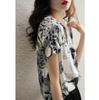 Camisa de impressão de tinta feminina verão manga curta design nicho cardigan chiffon top solto estilo ocidental camisa fina