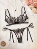 Europeu e Americano Transfronteiriço Mais Vendido Sexy Divertido Lingerie Renda Bordado Floral Alças de Laço Conjunto de Sutiã Transparente Feminino