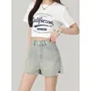 Shorts de Mezclilla de Cintura Alta Estilo Americano para Mujer, Nuevo Estilo Verano 2026, Petite, Adelgazantes, Que Alargan la Figura, de Pierna Ancha Suelta en Línea A, Hot Pants