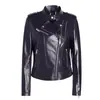 Chaqueta de cuero para motocicleta negra con cuello alto para mujer, estilo corto, cremallera diagonal, chaqueta de cuero ajustada, abrigo de motocicleta adelgazante para mujer para primavera y otoño