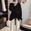 Suéter de Punto Rojo Estilo Chino Nuevo para Mujer, Otoño e Invierno, Cintura con Lazo, Longitud Media, Tallas Grandes