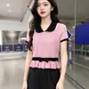 Top de Malha com Laço, Manga Curta e Gola Boneca, Estilo Jovem de Verão, Novo Design, Blusa Color Block de Renda Emagrecedora, Tendência da Moda Feminina