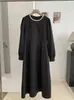KEKEZOON Industria Pesada Perla Cuello Redondo Lujo Ligero Elegante Versátil Adelgazante Vestido de Manga Larga Falda Larga 9233