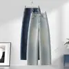 Jeans Wide-Leg com Bordado Artístico Pequeno Novo de Outono Casual Solto Cintura Alta Emagrecedor Moda Calça Banana
