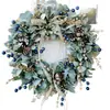 2026 Nuevo Producto Transfronterizo Corona de Flores Artificiales Azul y Dorada Decoración de Boda Adorno Colgante Corona para Puerta Principal Corona Navideña de Piñas