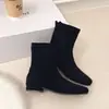 Botas Slim Elásticas Elegantes de Couro Macio com Bico Quadrado para Mulheres, Estilo Coreano para o Dia a Dia, Botas Curtas para Outono e Inverno com Salto Médio Bloco, Botas da Moda