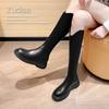 Botas Longas Femininas Pretas 2024 Novas Botas de Cavaleiro de Fundo Grosso Pequenas para o Joelho Primavera e Outono Emagrecedoras Elegantes Botas de Salto Alto