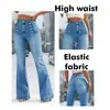 Pantalones vaqueros de tiro alto, cruzados, estilo retro azul, ligeramente acampanados para mujer, corte ajustado, elásticos, adelgazantes, versátiles, largos acampanados.