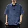 Camisa Polo Casual Jeans de Manga Curta Estilo Americano para Homens, Verão Fina Retro Lavada Solta Versátil Casual