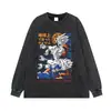 Camiseta Lavada com Estampa Desgastada Manga Curta Retro Americano Anime Solta Ombro Caído Gola Redonda Marca Tendência Verão Manga Longa Manga Curta