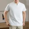 Nova camiseta masculina de verão com zíper parcial de manga curta, cor sólida, gola alta simples, pulôver, camiseta casual moderna, atacado e dropshipping