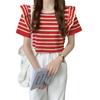 Tricô de Verão Feifei com Mangas Estilo K 2025 Novo Design Doce Hottie Visual Emagrecedor Camiseta Top de Listras de Manga Curta