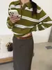 Tamanhos atualizados disponíveis: Suéter de tricô listrado de manga longa com gola polo, estilo outono novo, chique coreano, relaxed