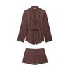 Verano Rojo Oscuro Cinturón Chaqueta de Cordón de Manga Larga Femenina + Pantalones con Bolsillo de Solapa Shorts de Color Puro Estilo Nuevo Europeo y Americano