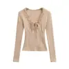 Camiseta de Manga Larga con Forro Polar Estilo Otoño e Invierno para Mujer con Encaje de Pestañas, Nudo Delantero, Camiseta Base Ajustada, Top Corto Adelgazante, Moderno