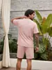 Conjunto Esportivo Casual Masculino Transfronteiriço Europeu e Americano Verão Cor Pura Raiz de Lótus Manga Curta Camiseta Masculina Shorts com Cordão Conjunto de Duas Peças