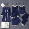 Pijama de Gasa Satinada para Mujer Otoño e Invierno Sexy Estilo Seda Conjunto de Cinco Piezas Seda con Almohadilla en el Pecho Camisón de Tirantes Ropa para el Hogar