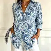 Otoño 2026 Amazon Ropa Europea y Americana para Mujer Bloques de Color Retro Estampado Digital Elástico en Cuatro Direcciones Bolsillo Camisa Solapa para Mujer