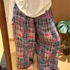 Pantalones de pierna ancha a cuadros retro de gasa de doble capa para mujer, pantalones de casa a cuadros con bloques de color, pantalones de pijama holgados casuales