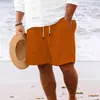 Nuevos Pantalones Cortos de Algodón y Lino con Múltiples Bolsillos y Cordón Rayados Casuales de Playa para Hombre de la Nueva Estación Independiente de Amazon Europea y Americana