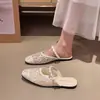 Zapatillas Cerradas de Malla Bordada Estilo Francés para Mujer, Sandalias Planas Mary Jane de Verano Estilo Hada con Correa de Perlas
