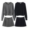 9815-25 Nuevo Estilo Otoño Estilo Retro Francés Cuello Redondo Manga Larga Cardigan de Punto Falda Plisada con Cordón Traje