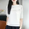 Camiseta de Verano Calada de Ganchillo de Manga Corta para Mujer con Cuello Redondo Azul, Top Holgado de Media Manga, Top Delgado de Capa Base