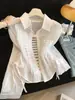 Camisa curta super feminina para mulheres petite para usar por cima, conjunto novo de outono com cordão, conjunto branco, conjunto rosa tamanho único
