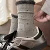Meias Grossas de Algodão Puro para Outono e Inverno, Meias até a Panturrilha para Mulheres, Meias Largas de Renda com Bolinhas Estilo Japonês, Meias Longas de Inverno