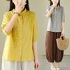 2025 Nuevo Estilo de Verano Camisa de Algodón y Lino de Manga Tres Cuartos para Mujer, Literaria Retro, Holgada, Adelgazante, Color Puro, Top Bordado