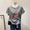 Blusa de Algodão Puro Chic Chic Coreana com Estampa de Borboleta Cinza Manga Curta para Meninas Verão Solta Casual Camiseta