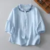 Blusa Top Feminina Verão Algodão Linho Patchwork Manga Curta Gola de Renda Bordada Camisa de Linho Soltinha Babados